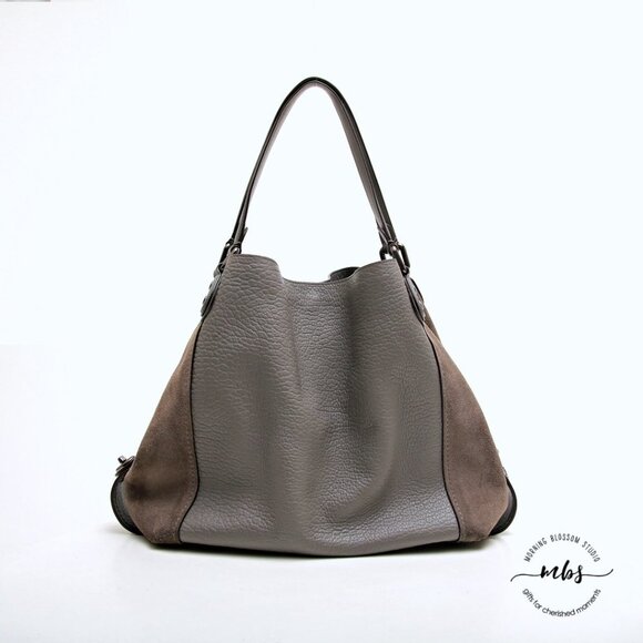 Coach Edie 42 Pebble Leather with Suede Sides Hobo Shoulder Bag Gray Tan - Picture 4 of 16